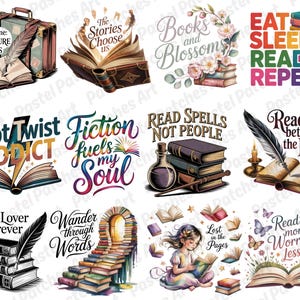 May include: A collection of watercolor illustrations featuring books and literary themes. Images include open books, stacks of books, a suitcase, a quill, and phrases like "Eat Sleep Read Repeat" and "Plot Twist Addict."