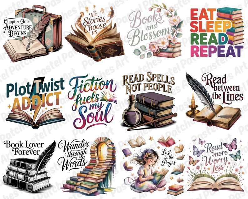 May include: A collection of watercolor illustrations featuring books and literary themes. Images include open books, stacks of books, a suitcase, a quill, and phrases like "Eat Sleep Read Repeat" and "Plot Twist Addict."