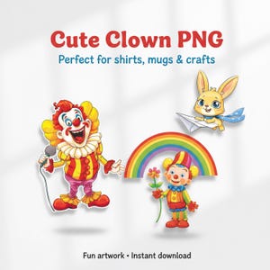 Peut inclure: Graphiques PNG de clowns de dessins anim&eacute;s color&eacute;s. L'image pr&eacute;sente un clown souriant tenant un microphone, un arc-en-ciel, un lapin avec un avion en papier et un autre clown avec une fleur. Le texte indique "Cute Clown PNG".