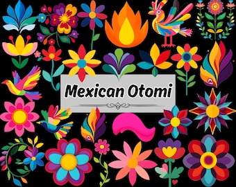 Otomi Mexican Clipart, Vibrant Fiesta Flowers, Otomi Animals Art, Watercolor Mexican Designs, Floral Graphics, Cinco de Mayo Clipart Pack