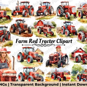 Könnte beinhalten: Eine Sammlung von Aquarellillustrationen mit roten Traktoren. Die Bilder zeigen verschiedene Traktordesigns, einige mit Scheunen und ländlichen Landschaften. Der Text "Farm Red Tractor Clipart" ist sichtbar. Die Bilder sind als 40 PNGs mit transparentem Hintergrund gekennzeichnet.