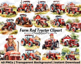 Clipart di trattore rosso da fattoria ad acquerello / 40 PNG Grafica Veicolo agricolo da raccolta (download digitale)
