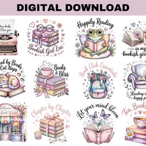 May include: A digital download graphic featuring various book-themed illustrations. Designs include a typewriter, stacks of books with glasses, a frog reading, a cat sleeping on a book, a teacup, and a bookstore. Text includes "Dear books, I love you" and "Bookish Girl Era."