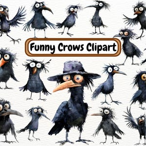 Funny Crows Clipart, Funny Animal Clipart, Cute Caricature Birds Clipart, Raven Illustrations, Cartoon Black Bird Clipart, Bird Scrapbooking
