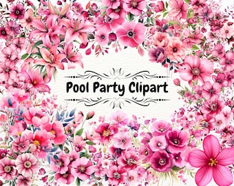 Bright Pink Flowers Clipart, Hot Pink Floral Elements, Watercolor Floral Graphics, Digital Pink Floral Bouquet, Spring Flower Art, Pink Rose
