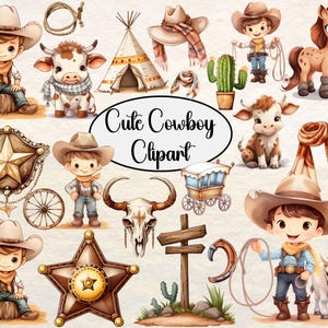 Niedliches Aquarell Cowboy Clipart, Baby Western PNG, Wilder Westen-Babyparty, entzückende Cowboy-Dekor, Kaktus, Sattel, Stiefel, Wüstenszene Clipart