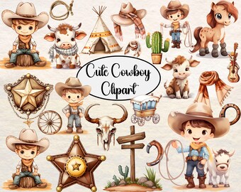May include: A set of cute cowboy clipart featuring a variety of images, including a cowboy hat, a horse, a wagon, a star, a skull, a cactus, and a cow. The clipart is in a cartoon style and is perfect for use in scrapbooking, card making, or other craft projects.