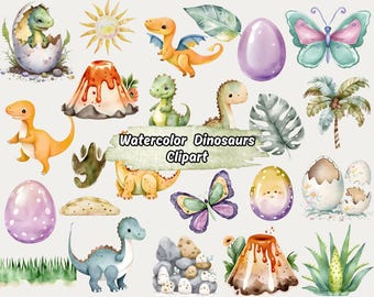 Clipart di dinosauri ad acquerello carini in formato PNG, decorazioni per la cameretta dei bambini con dinosauri, feste di compleanno con dinosauri, adesivi per baby shower, decorazioni murali per la cameretta dei bambini