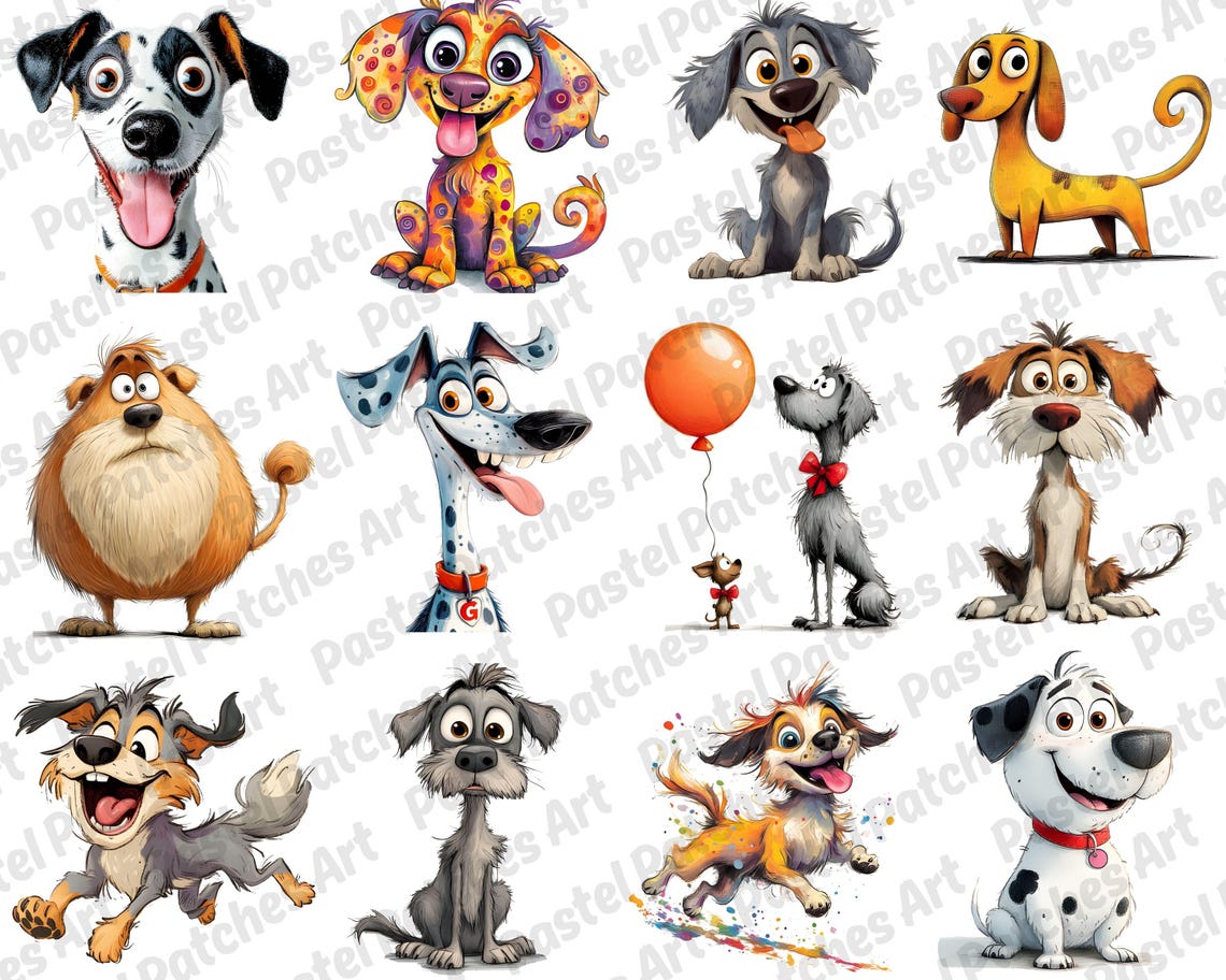 Quirky Dog Clipart PNG Bundle, Funny Pets Dog Clipart, Whimsical Dogs ...