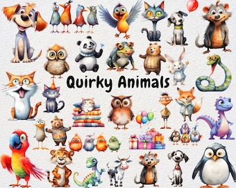 Quirky Animals Clipart, Funny Animals PNG, Whimsical Animals Designs, Cute Safari Animals, Silly Animals Clip Art, Playful Graphics Nursery