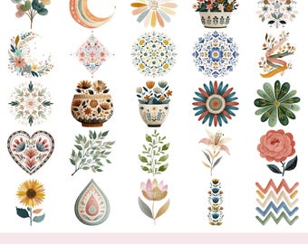 Bundle de cliparts d'art folklorique, graphiques d'art folklorique nordique scandinave, Floral Junk Journal des cliparts, usage Commercial en téléchargement numérique