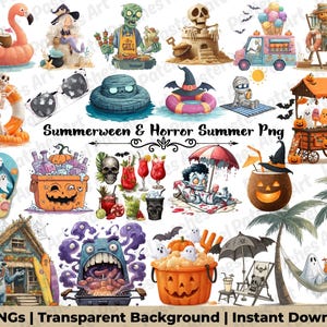 May include: A collection of watercolor illustrations featuring a summer and Halloween theme. Includes images of a ghost on a flamingo float, a mermaid, a zombie grilling, a sandcastle skull, an ice cream truck, and more. Text reads "Summerween & Horror Summer Png".