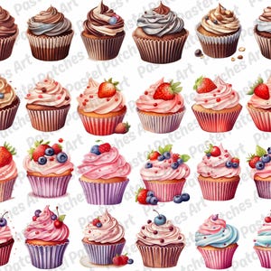May include: A collection of watercolor cupcakes with various toppings. The cupcakes feature chocolate, vanilla, and pink frosting, adorned with berries and chocolate shavings. Each cupcake sits in a decorative paper liner, creating a delightful assortment.