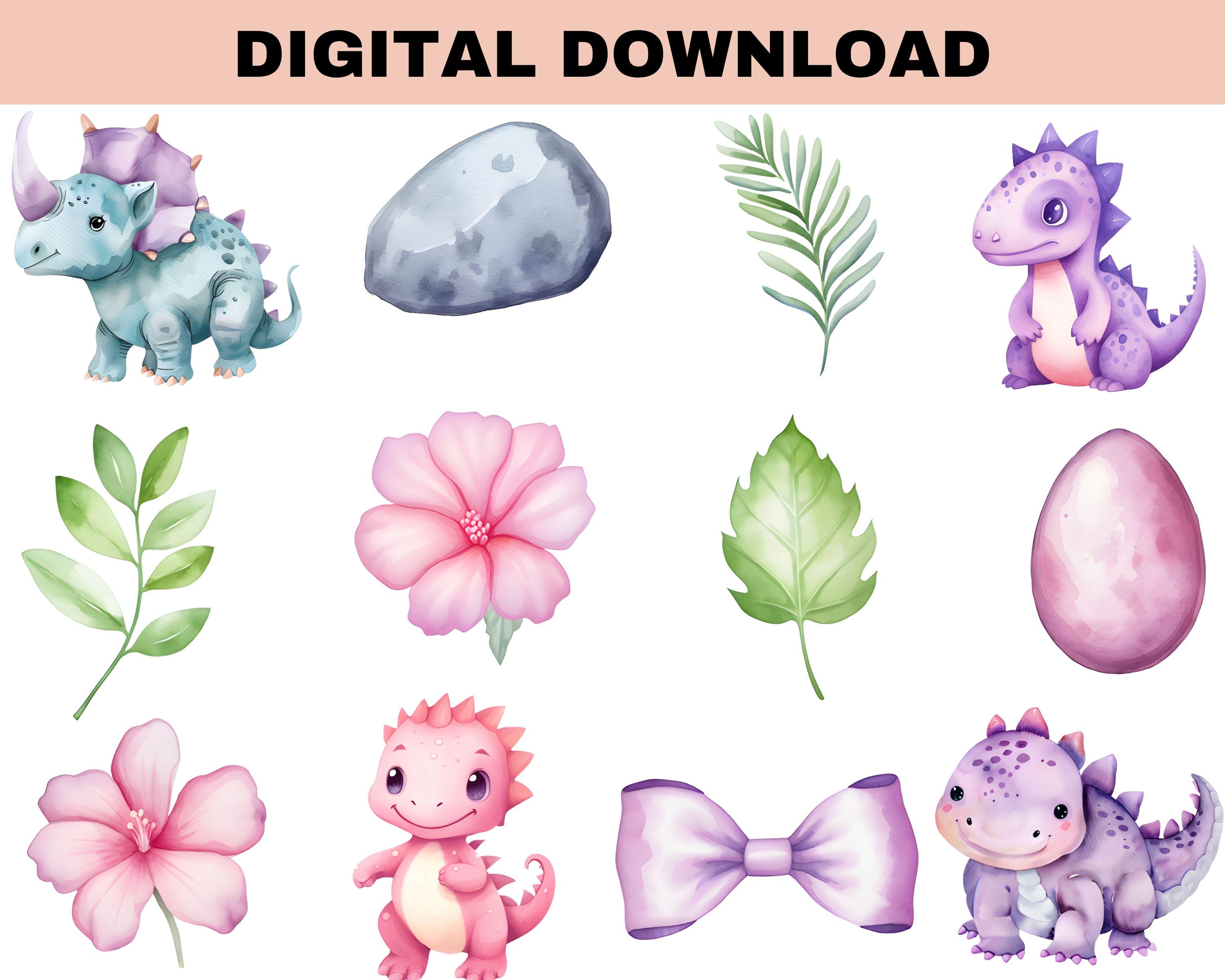 Girl Dinosaur PNG Bundle, Pink Baby Dino Watercolor Clipart, Cute ...
