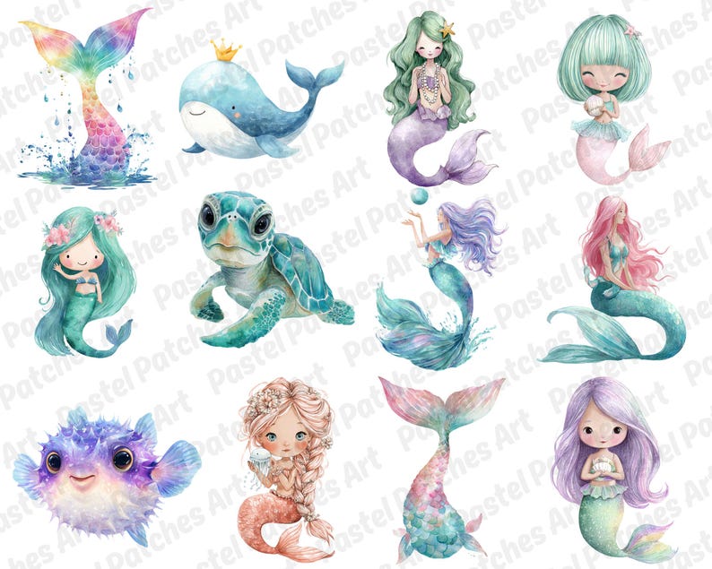 Cute Mermaid Clipart Bundle | Whimsical Watercolor Mermaid PNG ...