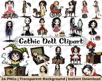 Vintage Gothic Clipart Dolls • Printable Creepy Doll Art for Dark Academia & Junk Journal Supplies | Transparent PNG Download Commercial Use