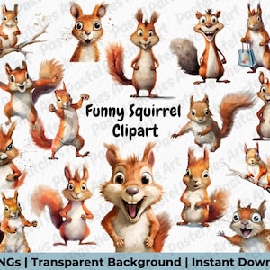 May include: A collection of cartoon squirrels in various poses, with fluffy red-brown fur and expressive faces. The image includes the text "Funny Squirrel Clipart" and details about the image's features, such as "75 PNGs | Transparent Background | Instant Download."
