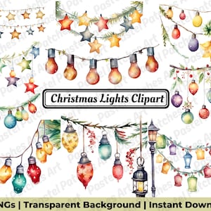 Puede incluir: Clipart de acuarela con varias luces navideñas y guirnaldas de estrellas. Los diseños incluyen luces de cadena con bombillas, luces en forma de estrella y linternas decorativas. Se incluye el texto "Christmas Lights Clipart".
