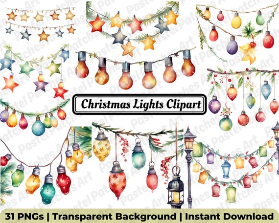 Lichterkette Clipart | Leuchtende Girlande & Weihnachtsdeko (Digitaler Download)