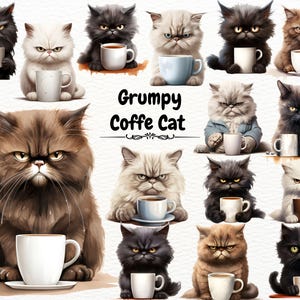 Puede incluir: Ilustraciones digitales de gatos gruñones de varios colores, cada uno sosteniendo una taza de café. La imagen incluye el texto "Grumpy Coffee Cat". Las expresiones de los gatos van desde la molestia hasta la intensa insatisfacción.