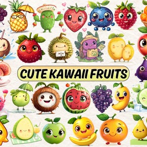 Kawaii Cute Fruits Clipart, Watercolor Fruit PNG, Kawaii Avocado, Dragon fruit, Starfruit, Cartoon Fruit Graphics, Kawaii Fruit Prints
