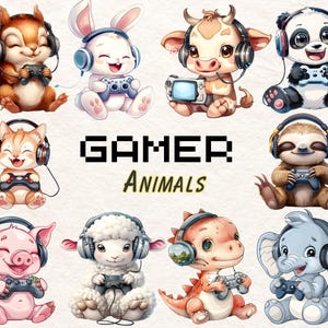 Gaming Animals Clipart Bundle, Gamer Nursery Decor, Cartoon Game PNG, Kids Video Game Party, Animal Illustrations, Playful Animal Clipart