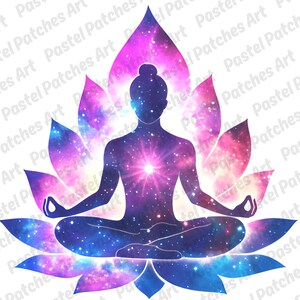 May include: A silhouette of a person in a yoga pose, seated on a lotus flower. The figure and flower are filled with a galaxy design in shades of blue, purple, and pink. The image has the text "Pastel Patches Art" repeated across the background.