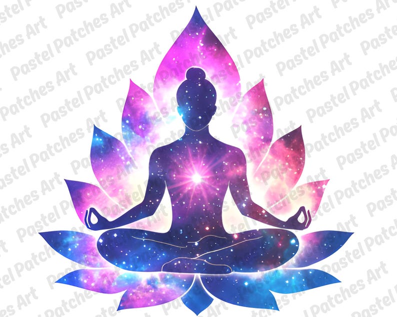 May include: A silhouette of a person in a yoga pose, seated on a lotus flower. The figure and flower are filled with a galaxy design in shades of blue, purple, and pink. The image has the text "Pastel Patches Art" repeated across the background.