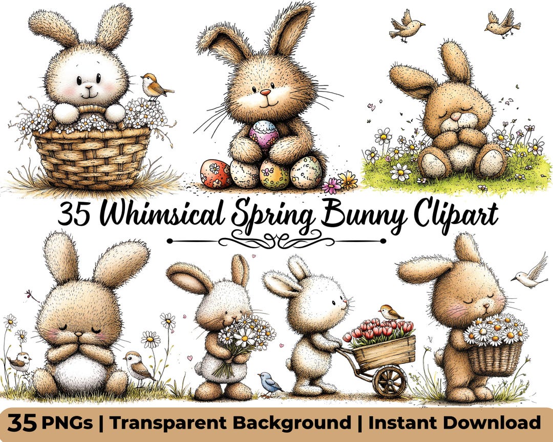 35 Whimsical Spring Bunny PNG Bundle | Cute Easter Bunny Clipart ...
