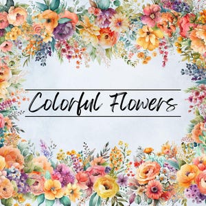 Bright Watercolor Floral Clipart, Summer Spring Illustrations Colorful Bouquets, Wreaths, Elements Flower Border Bouquet, Commercial Use PNG