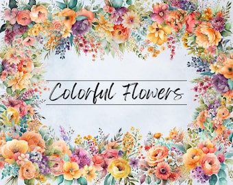 Bright Watercolor Floral Clipart, Summer Spring Illustrations Colorful Bouquets, Wreaths, Elements Flower Border Bouquet, Commercial Use PNG