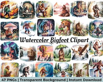 Watercolor Bigfoot Clipart Bundle, Funny Sasquatch PNG Pack, Forest Creature Sublimation Art, Printable Digital Download, Commercial Use
