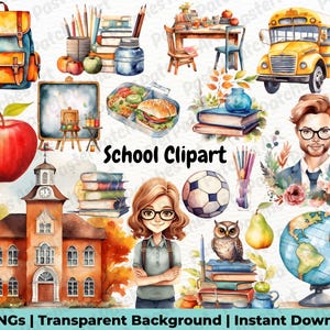 Watercolor School Clipart - Back to School Illustrations, School Kids Clipart, Cute School Supplies, Classroom Images, Student, School Bus