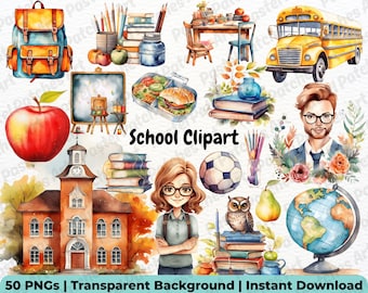 Watercolor School Clipart - Back to School Illustrations, School Kids Clipart, Cute School Supplies, Classroom Images, Student, School Bus