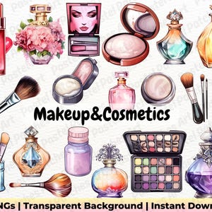 Watercolor Makeup Clipart, Beauty Tools, Cosmetics Clipart, Spa Fashion Illustrations, Makeup for Beauty Salon Set Logo, Commercial Use