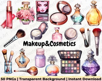 May include: A collection of watercolor illustrations of makeup and cosmetic products. The image includes lipsticks, perfume bottles, eyeshadow palettes, makeup brushes, and compacts. The text "Makeup & Cosmetics" is displayed in the center.