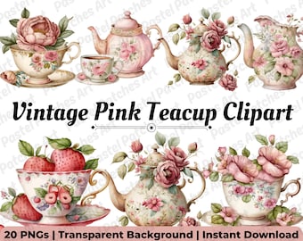 Clipart de xícara de chá rosa vintage | Arte para festa do chá | Scrapbooking e convites (download digital)