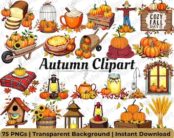 Cozy Autumn Clipart Bundle | Fall Autumn Clipart PNGs, Watercolor Pumpkin & Leaves, Thanksgiving Graphics, Instant Download, Commercial Use