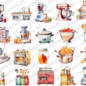 May include: Watercolor illustrations of various kitchen appliances and utensils, including blenders, a mixer, oven, stove, microwave, colander with tomatoes, and a popcorn maker. The image has a pastel color palette.
