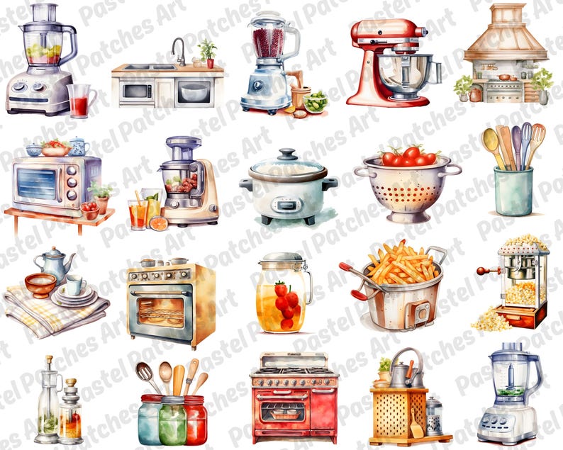 May include: Watercolor illustrations of various kitchen appliances and utensils, including blenders, a mixer, oven, stove, microwave, colander with tomatoes, and a popcorn maker. The image has a pastel color palette.