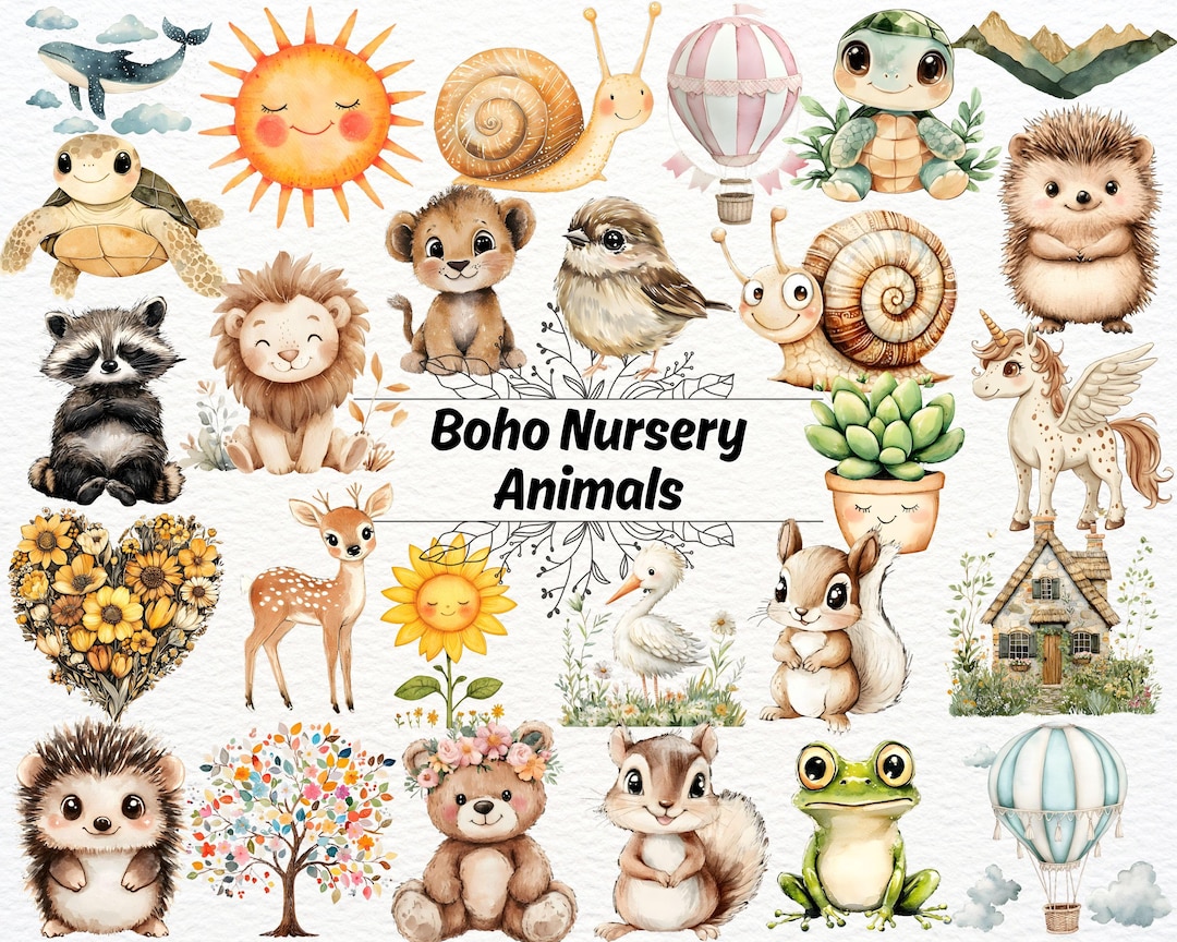 Boho Nursery Clipart Animals, Rainbow PNG, Cute Watercolor Baby Animals ...