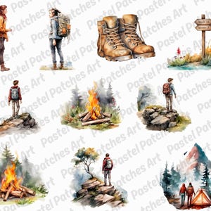 May include: A collection of watercolour illustrations depicting outdoor activities. The images include hikers with backpacks, walking boots, a campfire, a signpost, and a tent. The colour scheme features browns, oranges, greens, and blues.