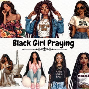 Black Girl Praying Clipart Bundle, Black Girl Planner Clipart, Jesus and Faith, Black Woman Faith Clipart, Afro Girl Png, Black Girl Clipart