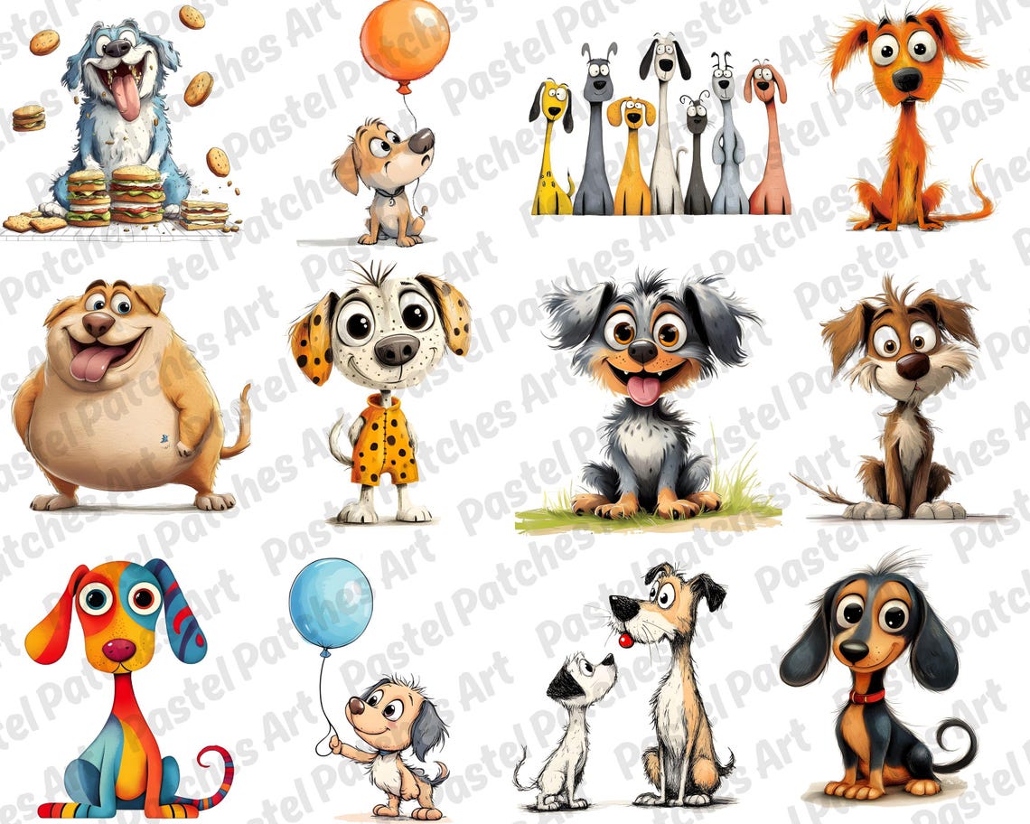 Quirky Dog Clipart PNG Bundle, Funny Pets Dog Clipart, Whimsical Dogs ...