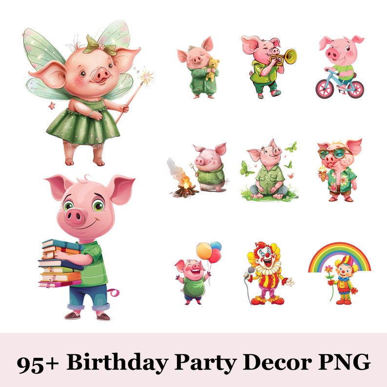 Peut inclure: Ensemble d'illustrations aquarelles de cochons dans diverses situations. Les cochons sont repr&eacute;sent&eacute;s en f&eacute;e, tenant des livres, jouant d'instruments et faisant du v&eacute;lo. Le texte "95+ Birthday Party Decor PNG" est en bas.