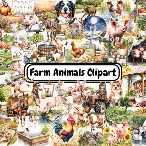 May include: A vibrant collage of watercolor farm animals, including pigs, cows, chickens, and horses. The image features a variety of farm scenes, with the text "Farm Animals Clipart" in a black oval.