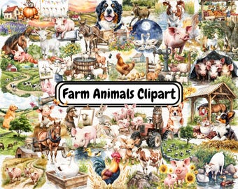 Farm Animals Clipart Bundle, Cute Baby Animals, Nursery Farm Animal Art, Rustic Farm Life, Cow, Pig, Sheep, Countryside Farmhouse Graphics