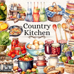 Puede incluir: Una ilustración de acuarela de una cocina de campo con varios artículos, incluyendo un tazón de huevos, un frasco de mermelada, una hogaza de pan, una cesta de verduras y una olla de tomates. El texto "Country Kitchen" está escrito en el centro de la imagen.