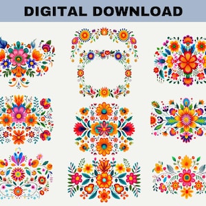 Mexican Fiesta Flowers Clipart, Vibrant Watercolor Otomi Floral ...