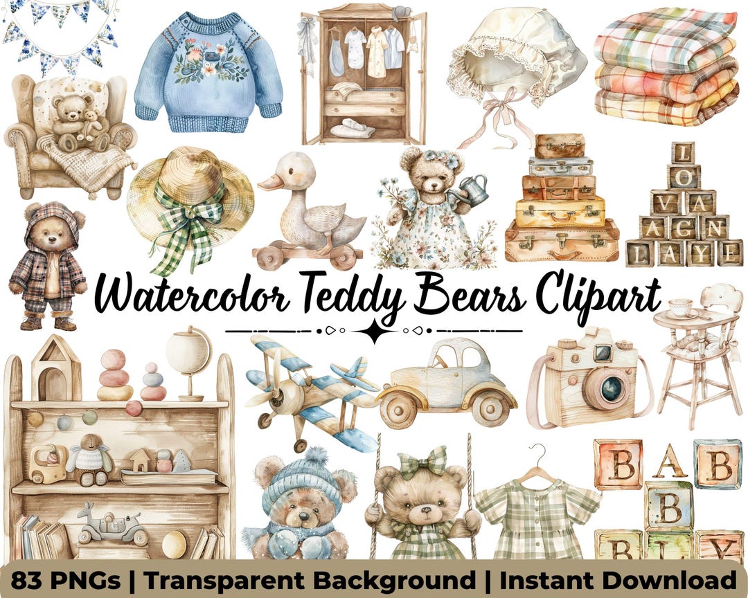 Watercolor Teddy Bear Clipart Bundle | Cute Nursery Wall Art, Baby ...